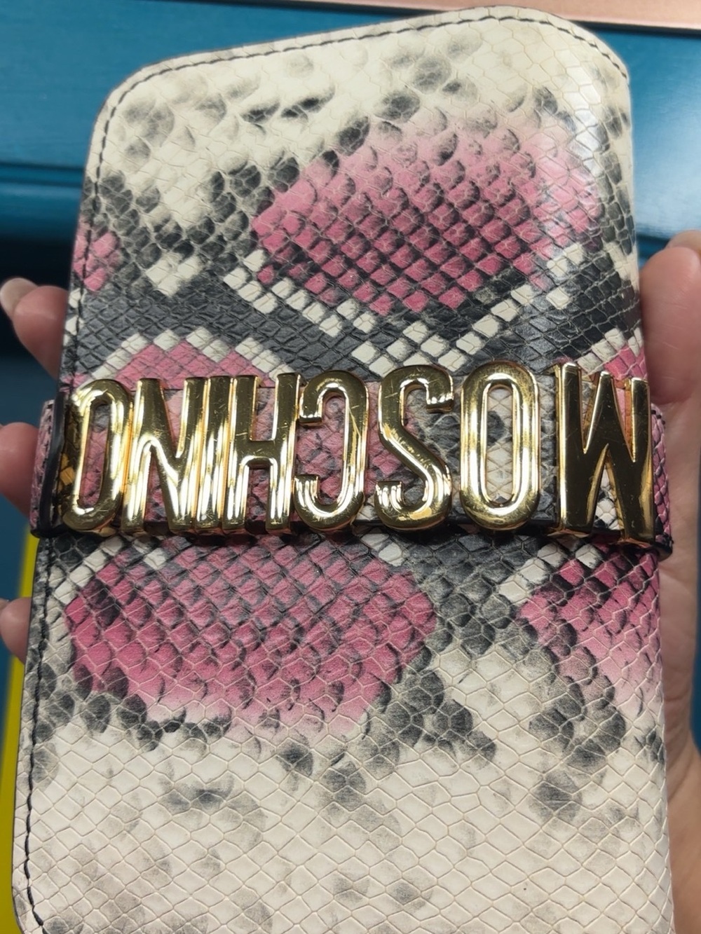 Moschino Pink Cream Snake-Print Phone Case with Gold Logo